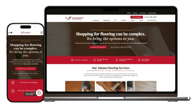 Website for Concept Flooring showing flooring services, consultation options, and contact info on mobile and laptop screens.