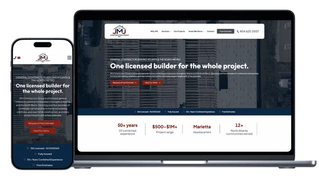 Responsive website for JMJ Construction Group showing services, project experience, and contact details.