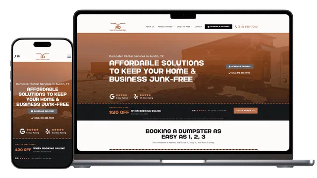 Austin Dumpsters website on phone and laptop showing affordable junk removal and rental services in Austin TX.