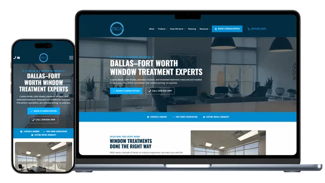 Responsive website on laptop and mobile showing Dallas-Fort Worth window treatment experts offering consultations.