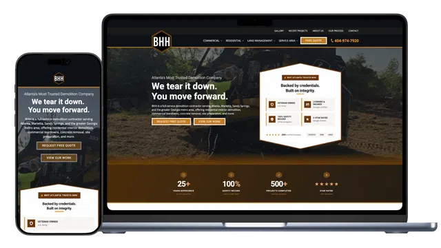 Demolition company website homepage showing services, credentials, and contact options on mobile and laptop screens.