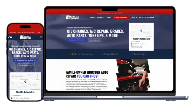 Responsive website of Wycliffe Automotive showing auto repair services on phone and laptop screens.