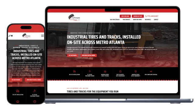 Responsive website showing industrial tire and track installation services on phone and laptop screens.