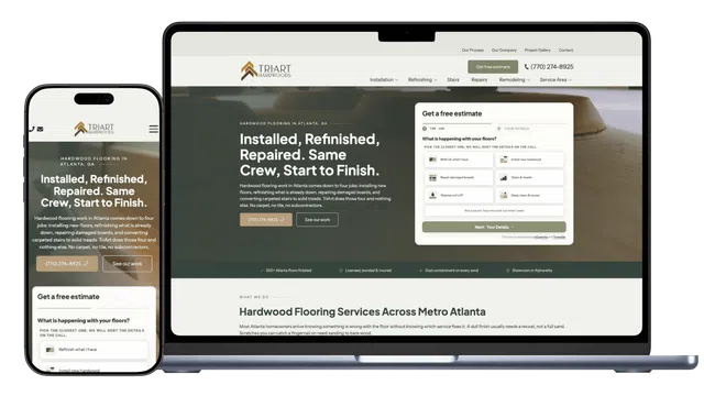 Responsive website on phone and laptop showing hardwood flooring services with free estimate form and contact info.