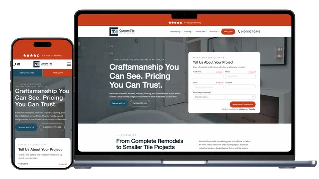Responsive website design for Custom Tile of Atlanta showing remodeling services on mobile and laptop screens.