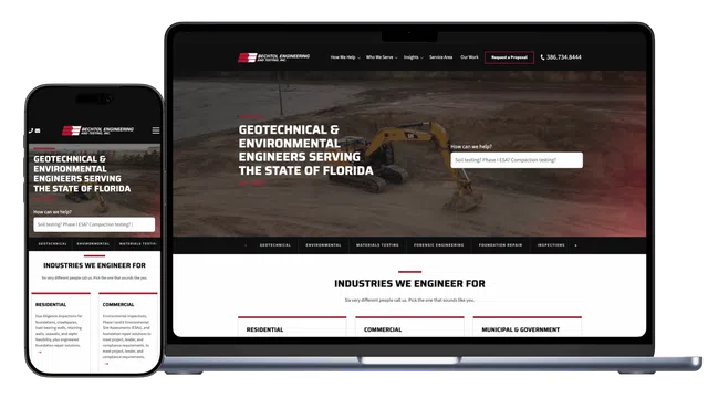 Responsive website on laptop and smartphone showing geotechnical and environmental engineering services for Florida with overlaid text.