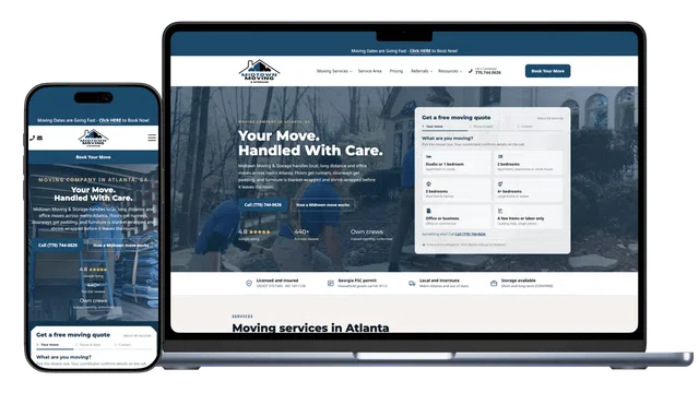 Responsive moving company website on smartphone and laptop with overlaid text showing services and quote form, transparent background
