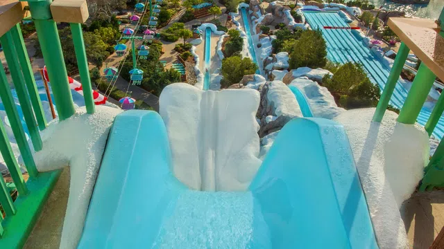 View from top of a twin water slide at a water park with pools and greenery below under sunny skies