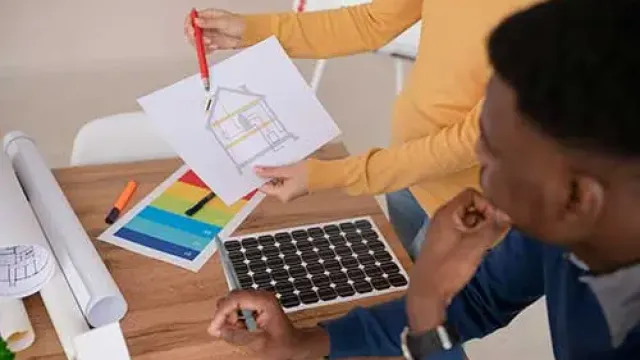 Two designers discussing a house sketch with color samples and solar panel model on the desk