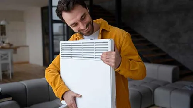 Smiling man in yellow jacket holding white heater in modern living room with gray sofa and stairs.