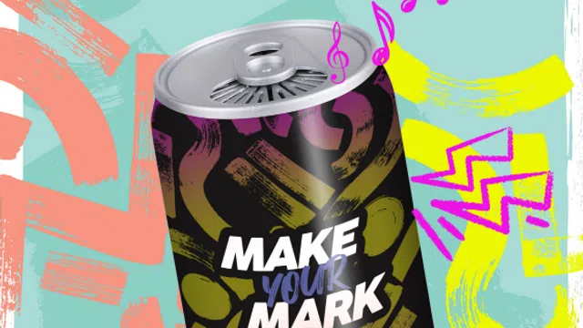 Colorful soda can with Make Your Mark design surrounded by vibrant abstract shapes and musical notes