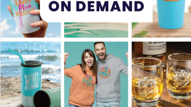 Collection of personalized mugs, tumblers, glasses, and apparel showcasing custom promotional designs