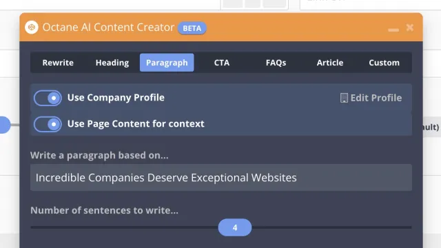 Screenshot of Octane AI Content Creator tool interface writing a paragraph with user inputs and settings.