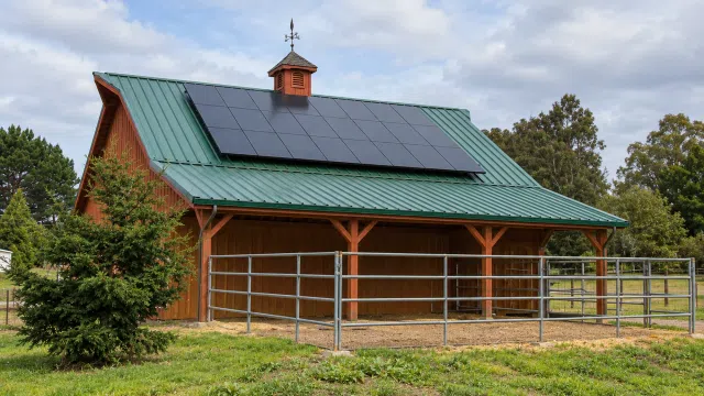 Wooden barn with green metal roof featuring solar panels and a fenced area, surrounded by grass and trees under a cloudy sky