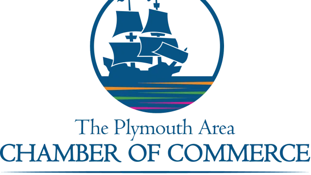 Logo of The Plymouth Area Chamber of Commerce with ship illustration and overlaid text reading Learn Connect Succeed.