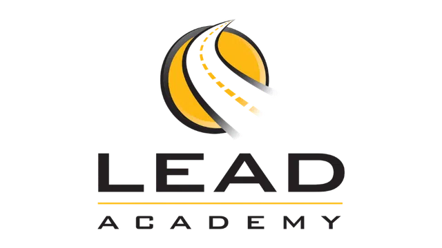Lead Academy logo featuring a stylized road curving upward over a yellow circle background