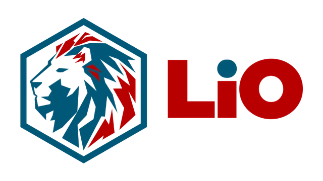 Blue and red stylized lion head inside a hexagon next to bold red and blue LiO text logo.
