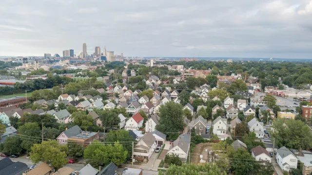 a city with many buildings and trees