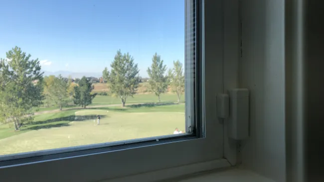 a view of a field through a window
