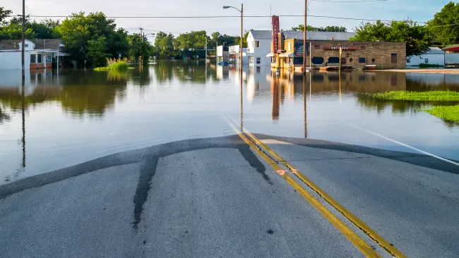 a flooded street with buildings and trees