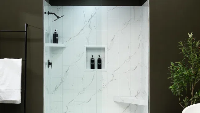 Modern shower with white marble tiles, black fixtures, built-in shelves, and green plant accents in a sleek bathroom.
