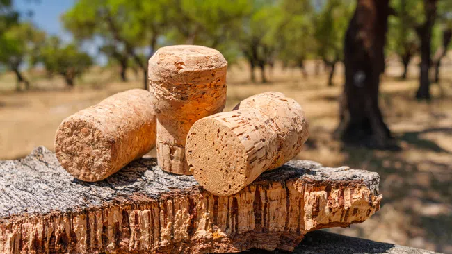 Three natural cork stoppers on a piece of cork bark with blurred outdoor forest background.