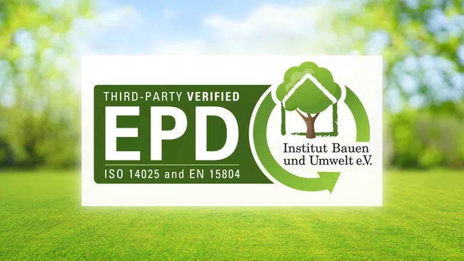 Third-party verified EPD logo with environmental certification and Institut Bauen und Umwelt e.V. symbol