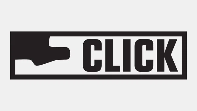 Black and white graphic with a pointing hand icon and the word CLICK in bold uppercase letters.