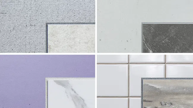 Four close-up shots of different wall surfaces with tile and stone textures in various colors and patterns.
