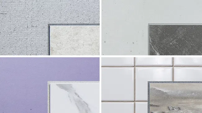 Four close-up images showcasing different tile and wall textures in grey, purple, black, and white colors.
