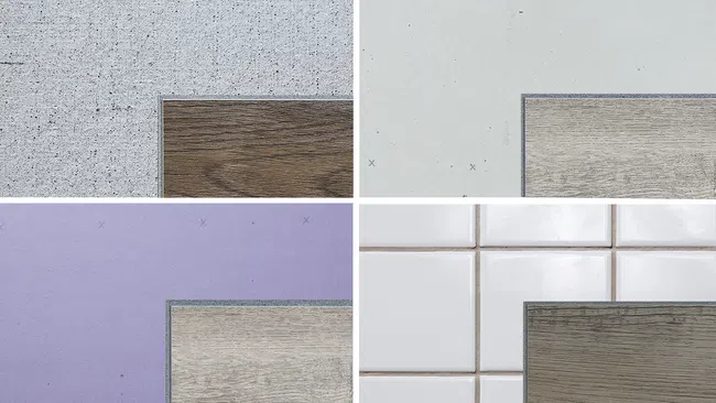 Four close-up quadrants showing different flooring materials and textures including wood, tile, concrete, and vinyl.