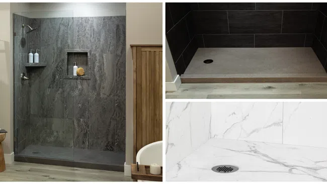 Three modern shower designs featuring dark stone, black tile, and white marble bases with built-in drains and shelves.