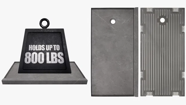 Black weight labeled holds up to 800 lbs on a gray rectangular surface with top and bottom views