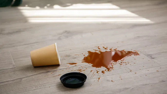 Paper coffee cup spilled on wooden floor with lid beside and liquid spread in sunlight shadow.