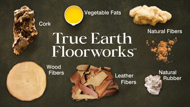 True Earth Floorworks materials sample including cork, vegetable fats, natural fibers, wood fibers, leather fibers, and