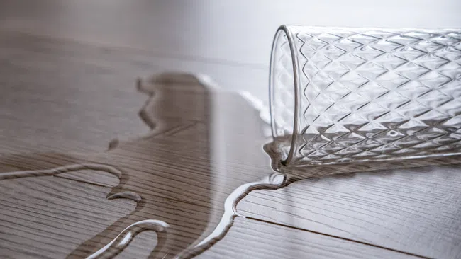 Clear glass tipped over spilling water onto a wooden surface with textured pattern and reflections