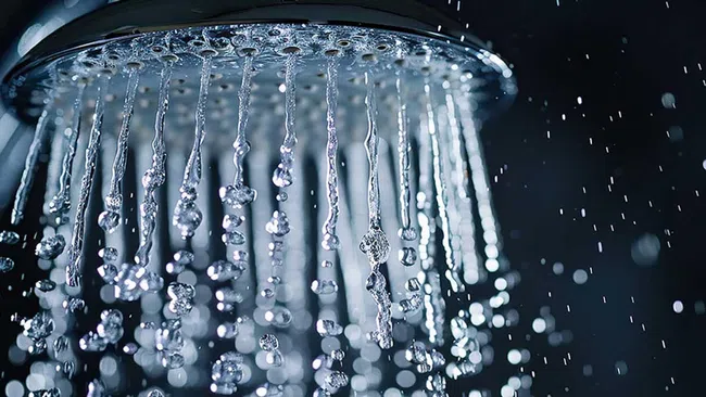 Close-up of water droplets falling from a chrome showerhead against a dark background with bokeh light effects