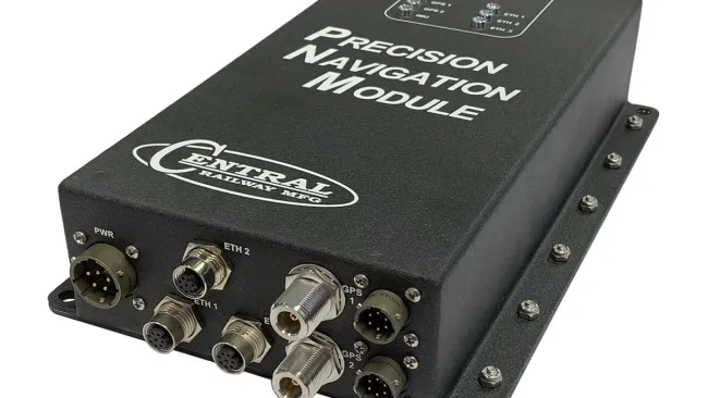 Black Precision Navigation Module by Central Railway MFG with multiple connectors and status LEDs on top.