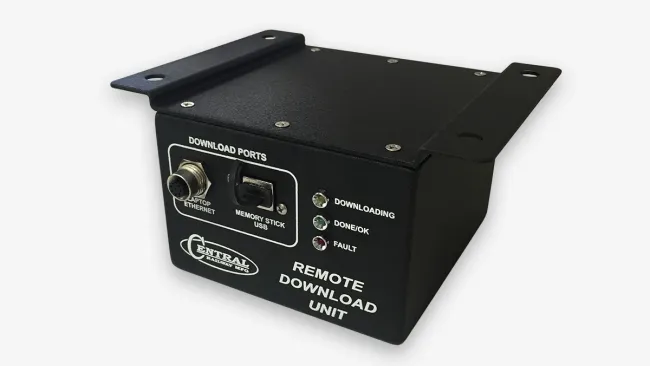 Black remote download unit with download ports, LED indicators, and Central Battery Systems logo on white background