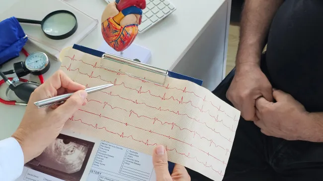Doctor analyzing ECG report with heart model and patient sitting nearby, focusing on cardiovascular health.