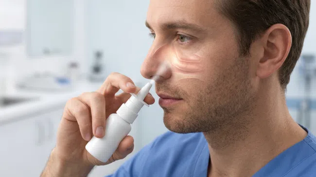 Man using nasal spray illustrating sinus relief and nasal passage treatment in a medical setting