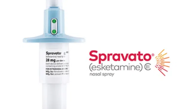Spravato esketamine nasal spray product image with logo and dosing device on white background