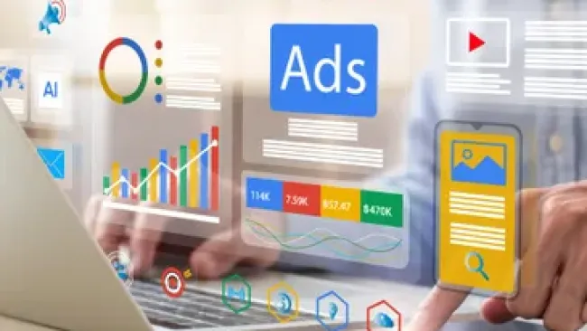Person using laptop and smartphone with digital marketing and ads data visualizations floating around.