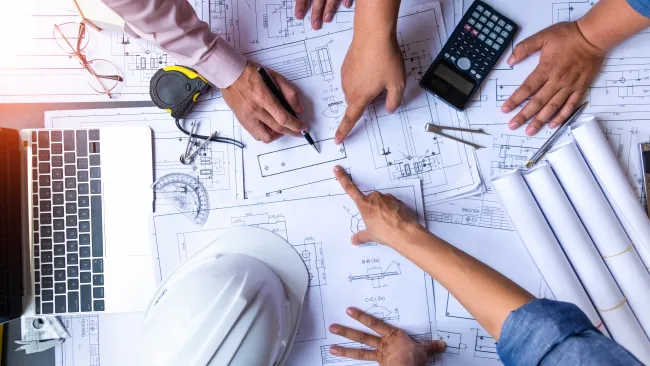 Engineers collaborating over blueprints with tools, calculator, laptop, and white safety helmet on the table.