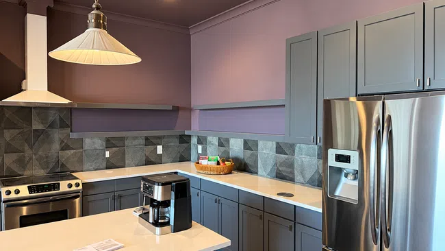 Modern kitchen with purple walls, gray cabinets, stainless steel appliances, and a coffee maker on the island.