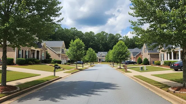 Quiet suburban street lined with brick houses, green trees, and manicured lawns under a partly cloudy sky.