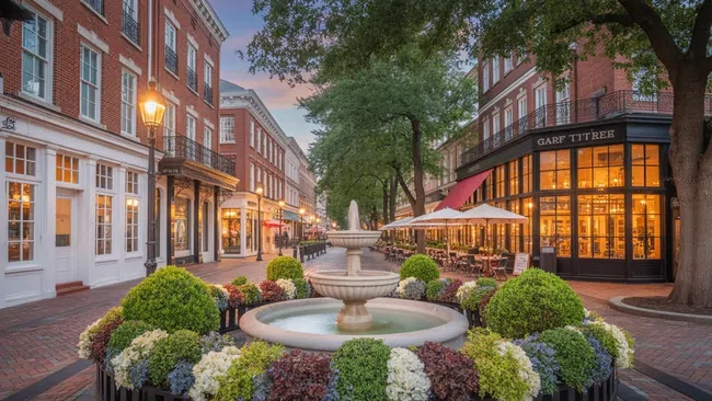 Historic downtown street with a central fountain, lush landscaping, outdoor dining, and warm evening lighting.