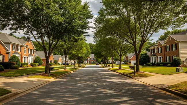 Tree-lined suburban street with brick houses, green lawns, and clear skies on a sunny day
