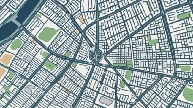 Detailed city map showing streets, blocks, parks, and a central roundabout with radiating roads.