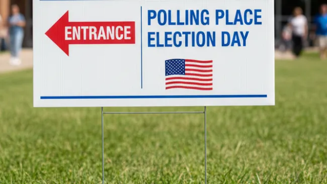 Vote Here sign with entrance arrow and American flag at a polling place on election day outdoors.